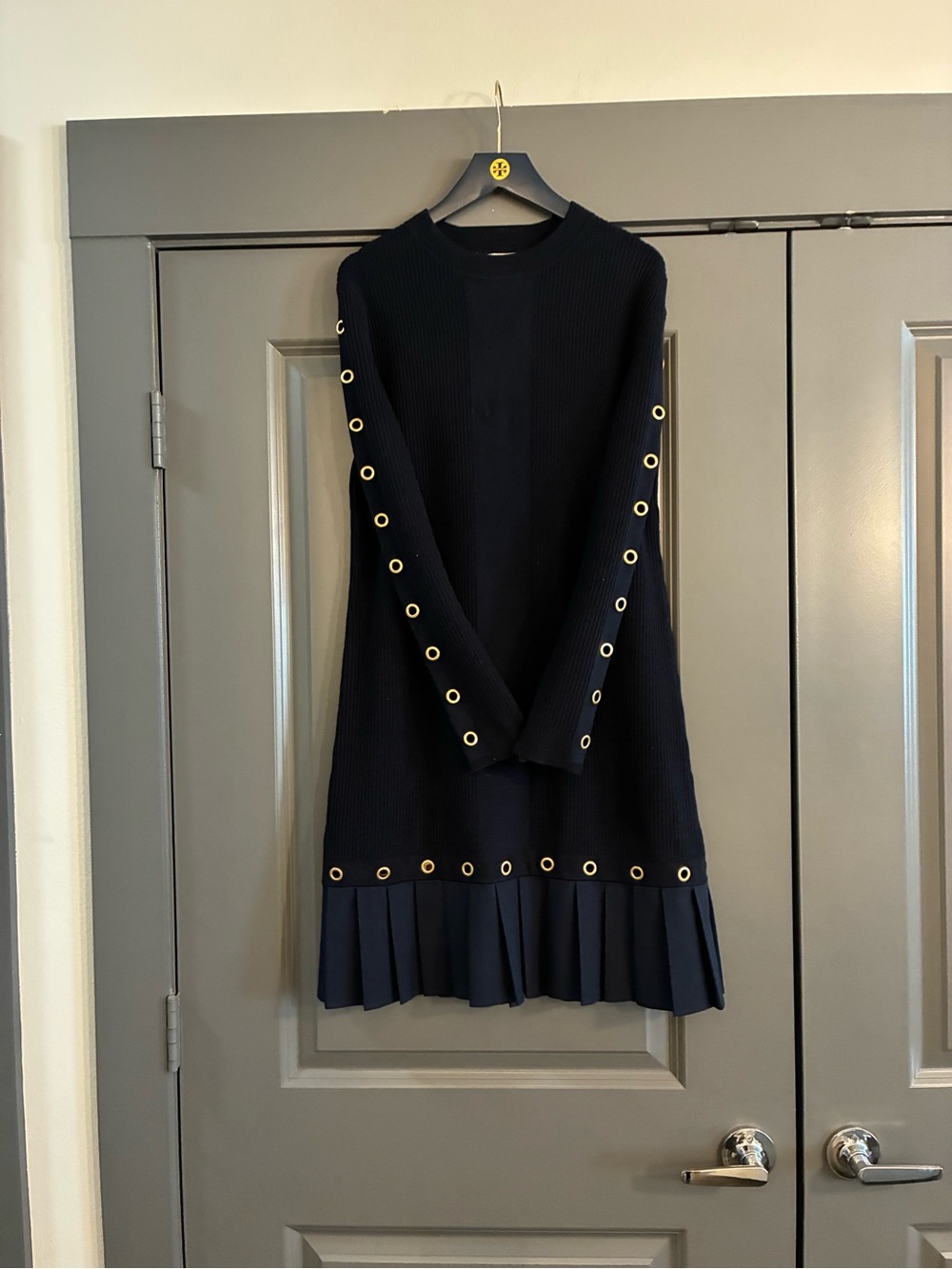 Tory Burch Navy Knit Dress with Gold Grommets and Pleats